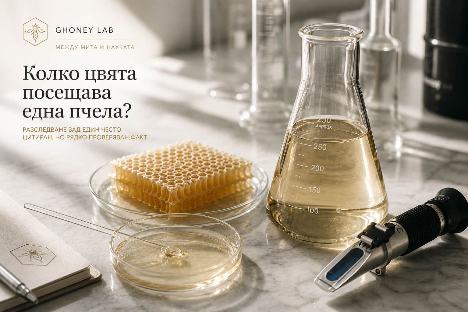 Колко цвята посещава пчелата -лабораторна колба с акациев мед GHoney LAB